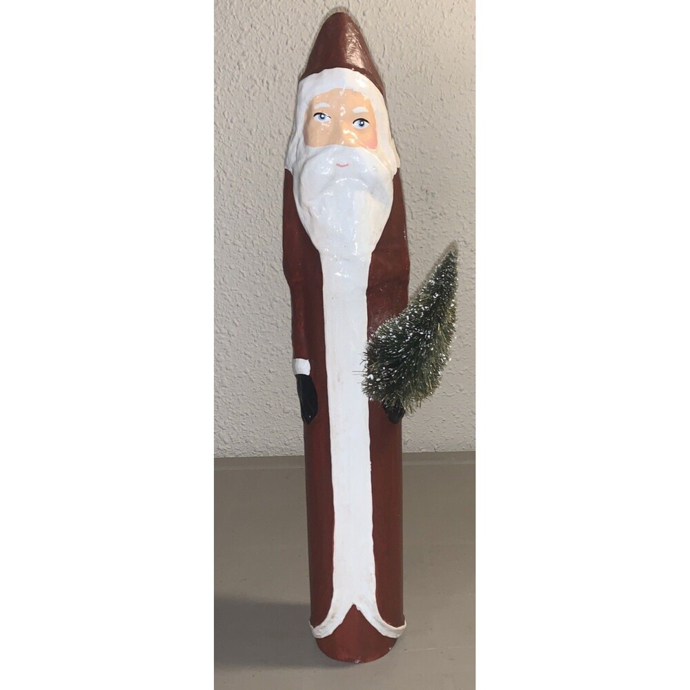 Vintage Paper Mache Santa Claus Folk Art Figurine Bottle Brush Tree 16”